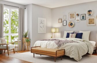 A serene and inviting bedroom with soft textiles, warm lighting, and calming decor elements that create a relaxing atmosphere.